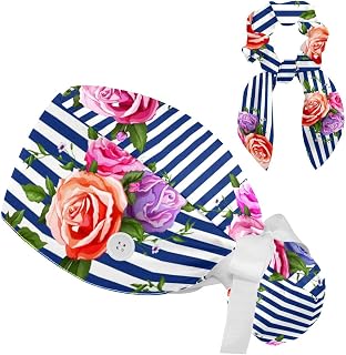 FVQL 2 Pieces Surgical Cap for Long Hair Scrub Cap with Hairband Nurse Cap, Stripe and Flower Roses