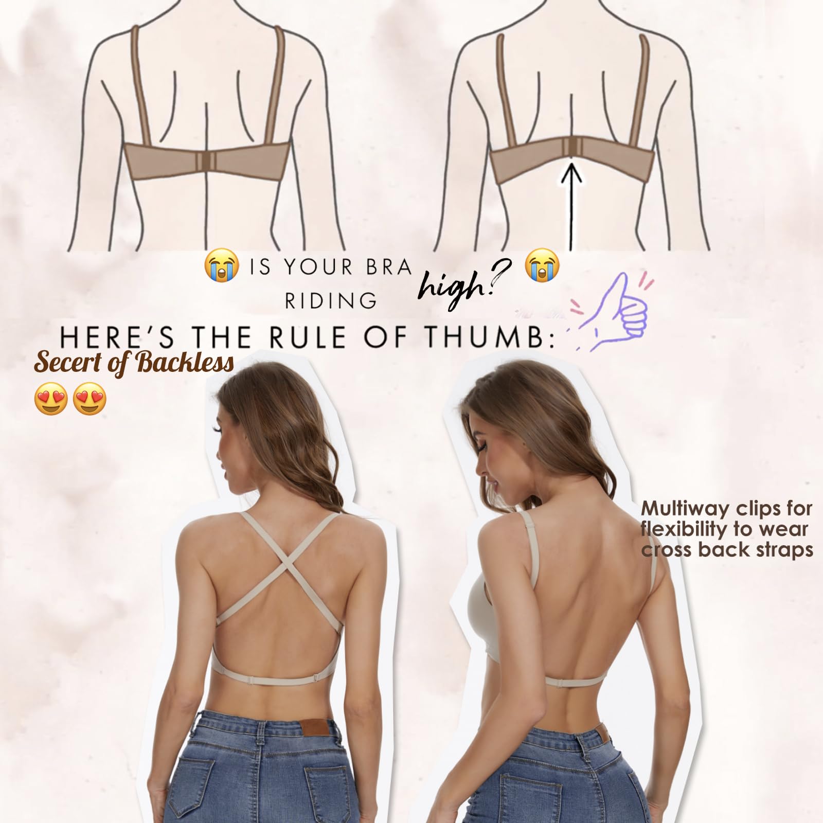Shewant Reggiseno convertibile multidirezionale senza cuciture senza ferretto push-up basso reggiseno posteriore per le donne senza schienale