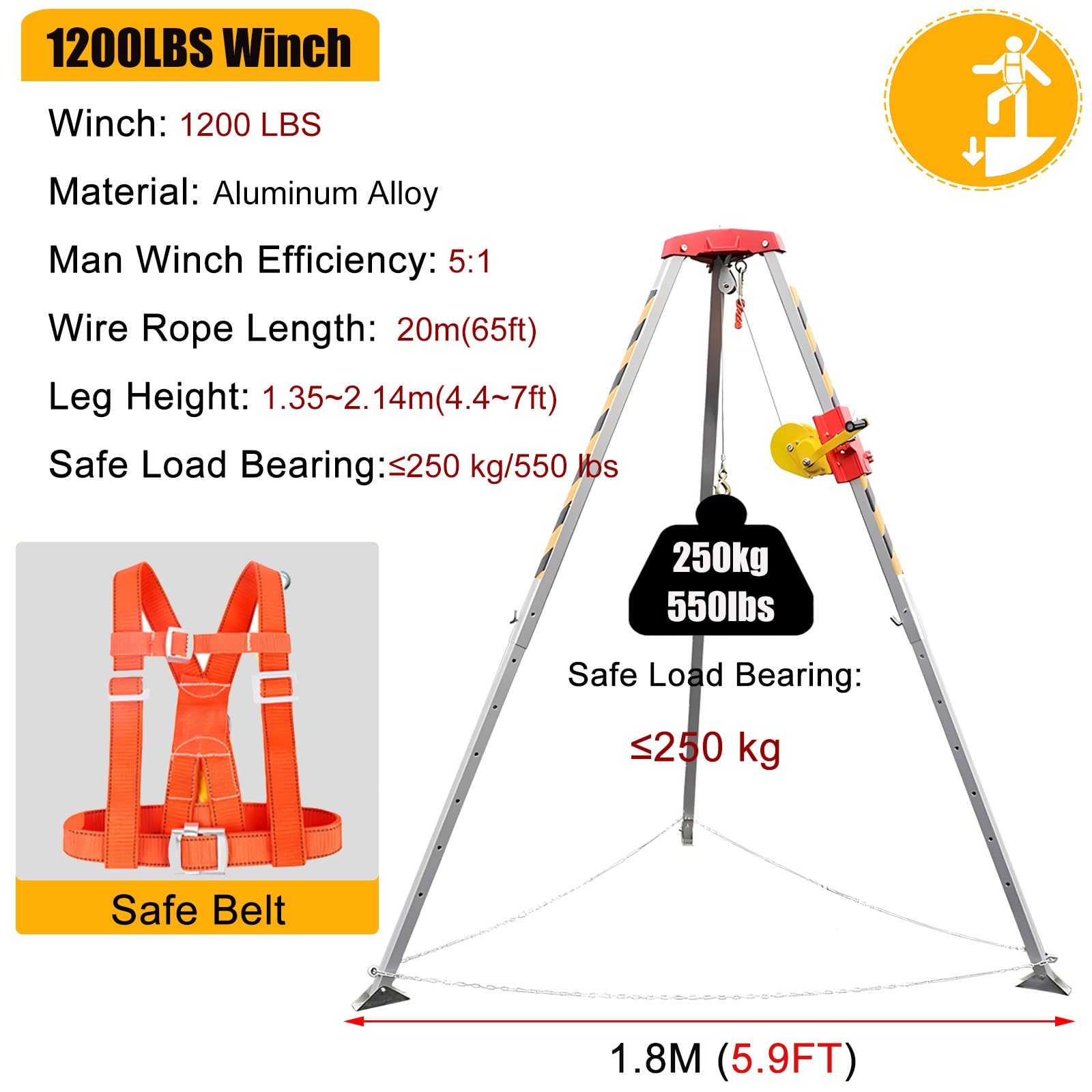 HDYZJQ Confined Space Tripod Kit with Safe Belt - 1200LBS/1800LBS Winch Aluminum Rescue Tripod for Working in High Places - Telescopic Safety Manhole Rescue Tripod(1200 LBS Winch)