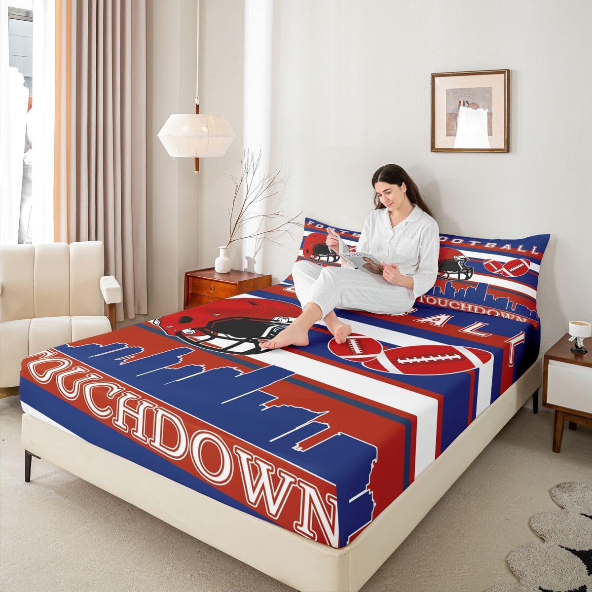 American Sport Football Full Size Fitted Sheet No Top Sheet,Blue Red Rugby Game 3 Pieces Kids Teenager Room Decor Football Pocket 2 Pillowcases