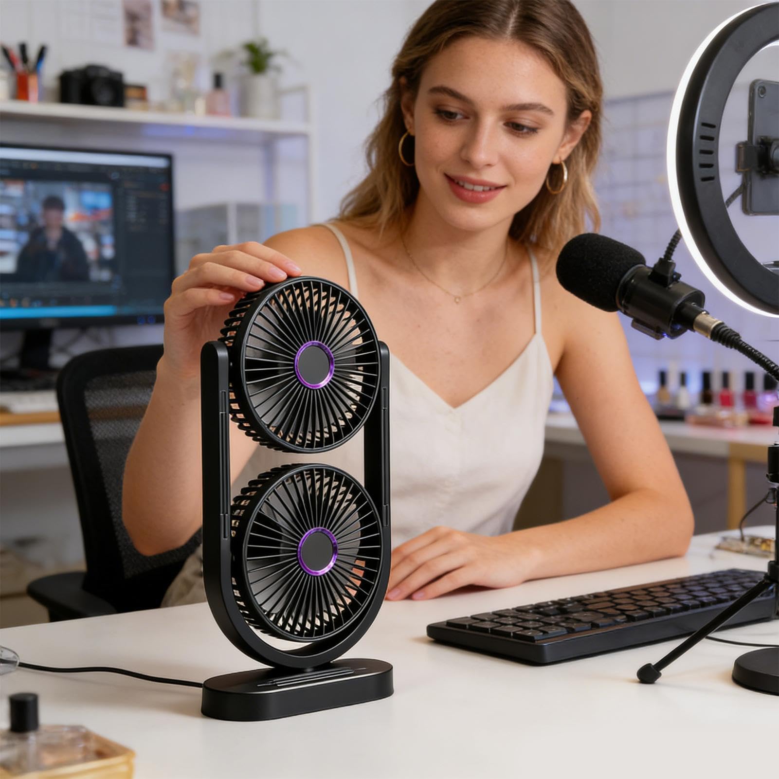 Ventilador de Mesa Silencioso Doble cabezal recargable refrescante y | ventilador de sobremesa para verano y refrigeración de escritorio para apartamento dormitorio salón cocina oficina