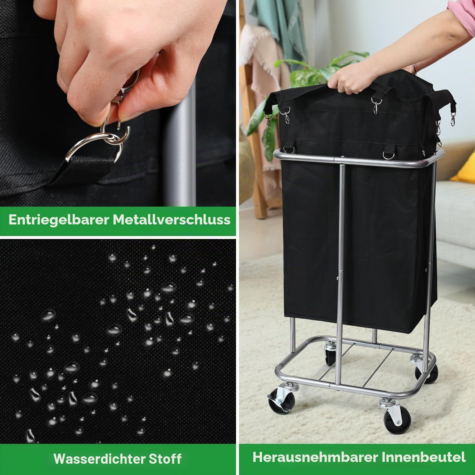 Wäschekorb mit Rollen, rollender Wäschekorb mit abnehmbarem Beutel, 100 L, Wäschesortierwagen, schmaler Wäsche-Organizer mit stabilem Metallrahmen, Schwarz + Silber