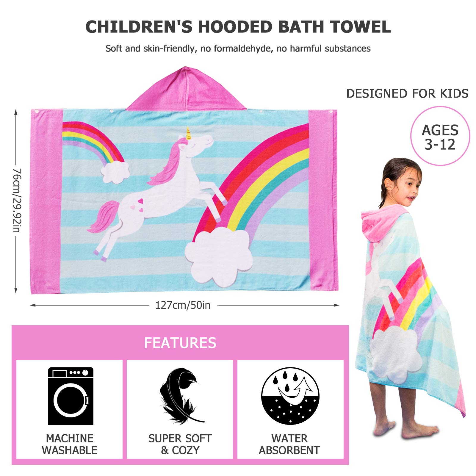 Serviette De Bain Capuche Poncho De Plage Enfant Avec Capuche - Serviette De Bain Microfibre - Boutons Sur Les Côtés, Séchage Rapide Serviette Capuche Microfibre
