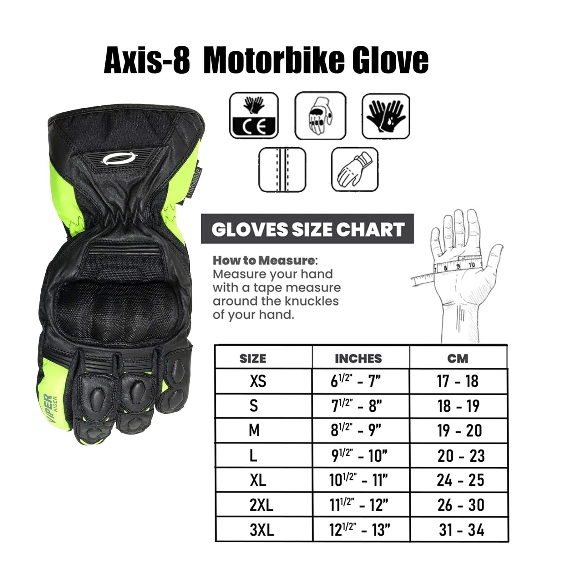ViPER Axis-8 Gants de moto pour homme et femme – Gants de moto imperméables en cuir de qualité supérieure avec protection CE pour les mains pour le sport, la course sur route et l'équitation