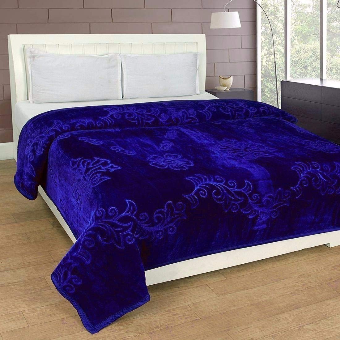 CHANGERS Embossed Blankets,Quilt,duvets,dohar Solid Colour Ultra Soft Floral Double Bed Heavy Mink Winter Blanket (Blue)-image-42