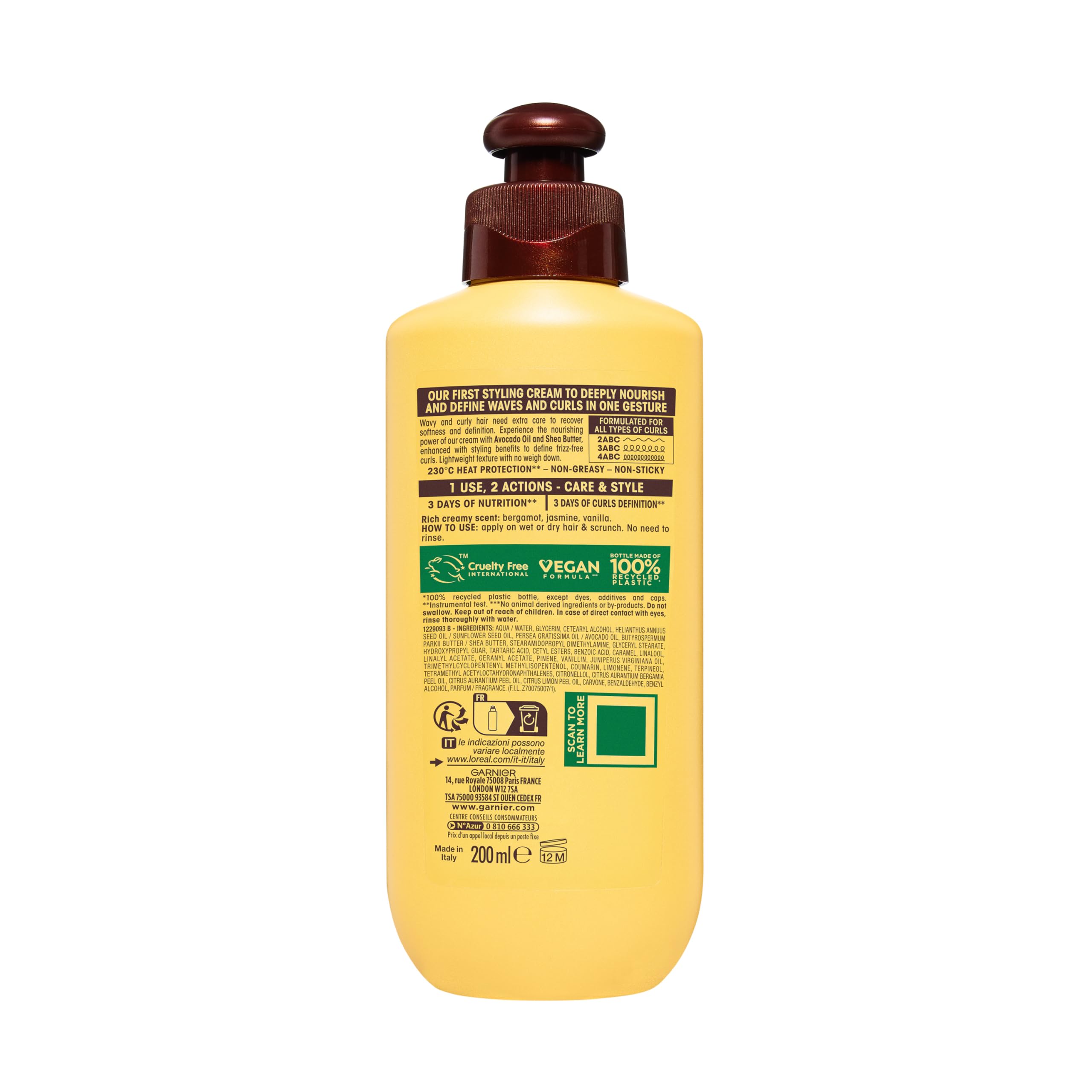 Garnier Ultra Doux Crema de Peinar 2 en 1 Nutrición Intensa, Pelo Muy Seco o Encrespado, Con Aceite Puro de Aguacate y Manteca de Karité, Protección Térmica hasta 230 °C*, 250 ml