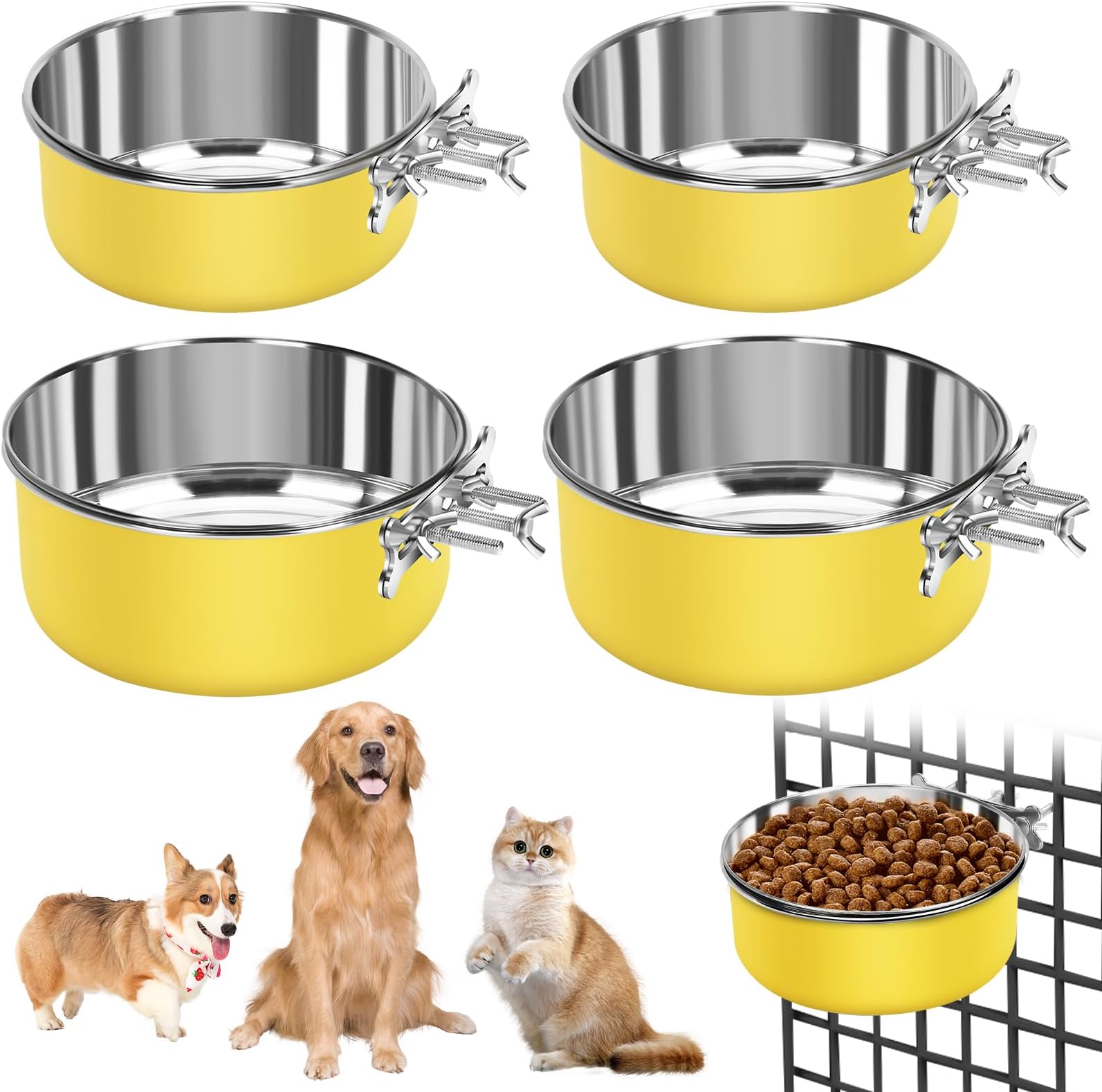 Pet Supplies IEBIYO 4 Pack Kennel Bowls Mountable Stainless Steel