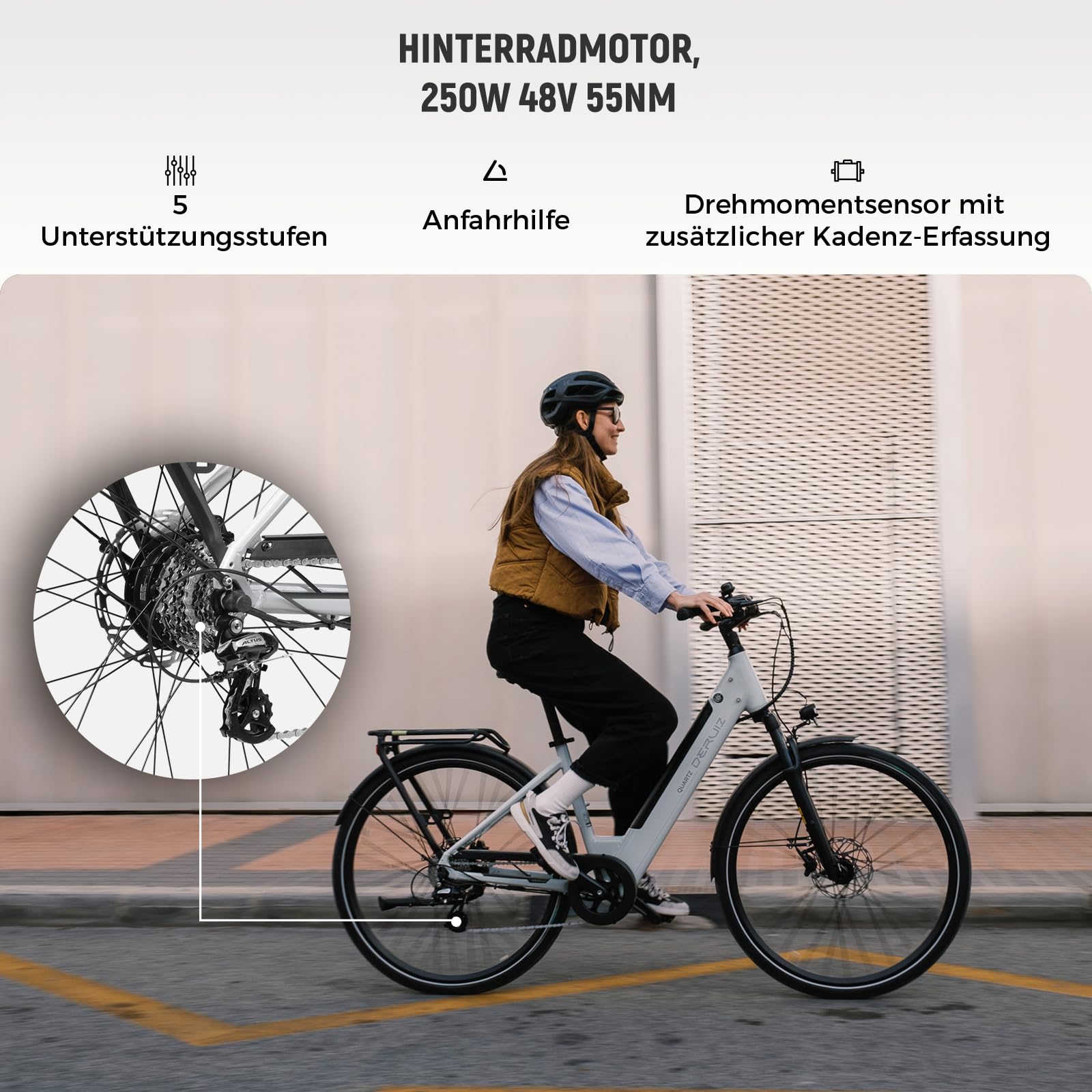 DERUIZ Vélo électrique Quartz E 28" pour homme et femme avec capteur de couple et freins hydrauliques, batterie 48 V 13,4 Ah, portée jusqu'à 161 km, dérailleur à 8 vitesses, vélo de ville Pedelec