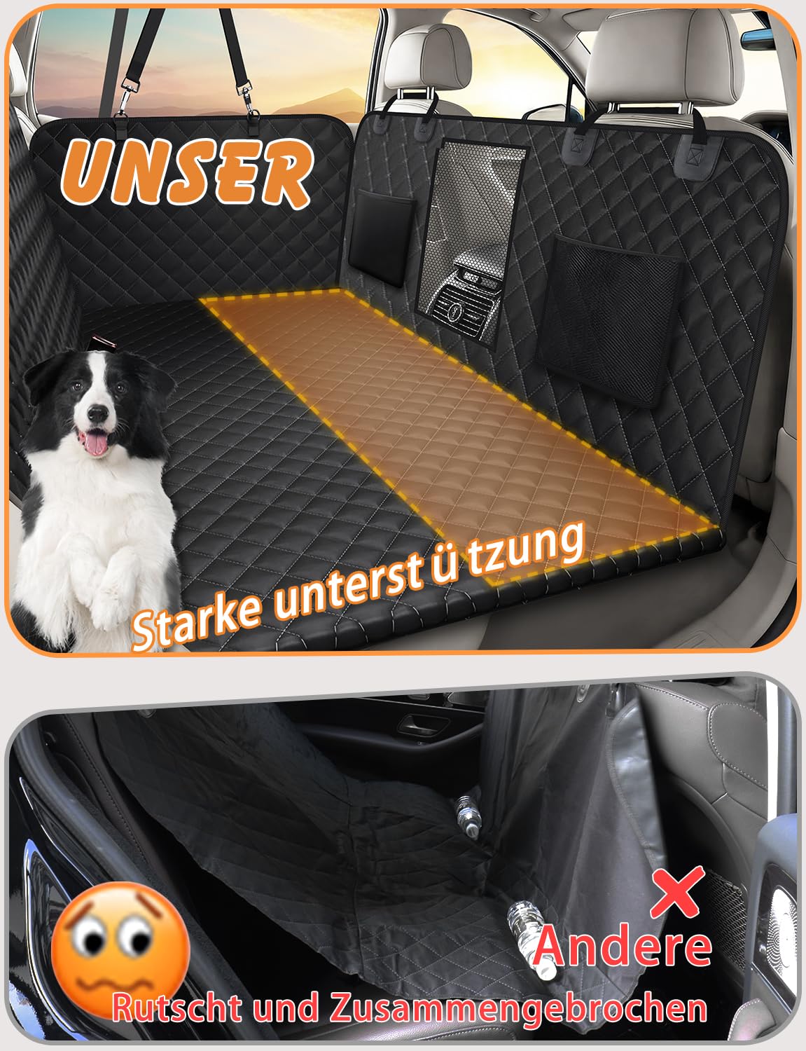 Alfheim Hundedecke Auto Rücksitzbank, mit Hängematte mit Belüftungsnetz | Wasserdicht Kratzfest Faltenbar, Hartboden und 40% mehr Platz (Tragkraft 180 kg), für SUV und Familienwagen (Schwarz)