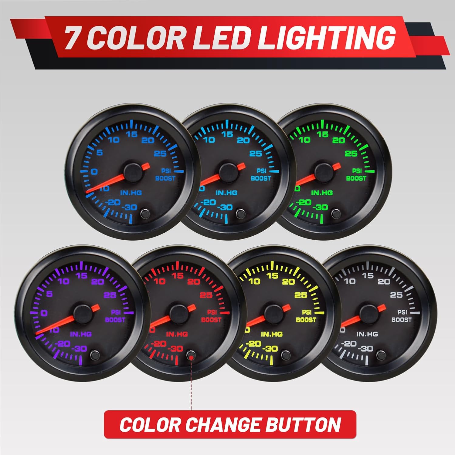 Turbo Boost/Vacuum Gauge Kit 7 Color 30 PSI 2-1/16" 52mm Includes Mechanical Hose T-Fitting & Wiring for Car Truck