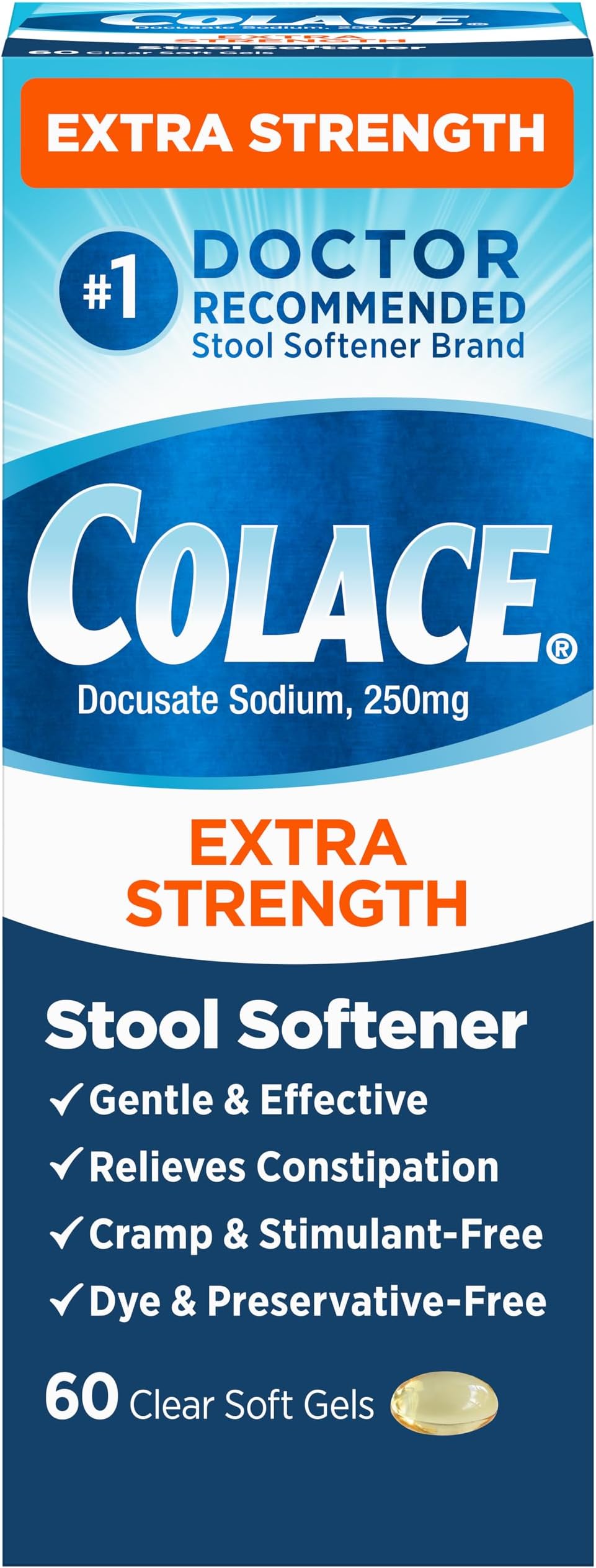 Extra Strength Stool Softener, 60 Count, Gentle Constipation Relief for Adults, 250 mg Docusate Capsules, #1 Doctor Recommended Stool Softener Brand