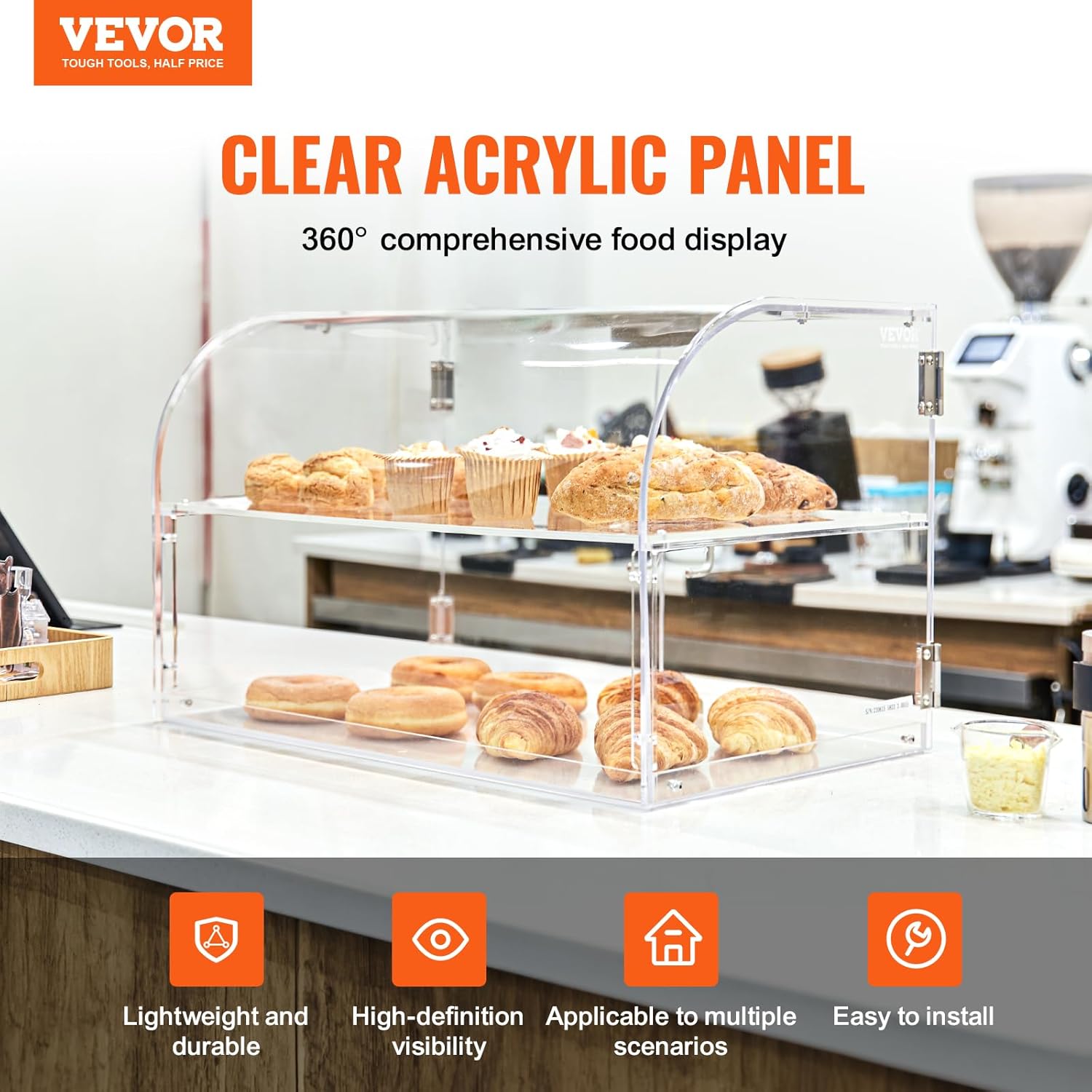 VEVOR Pastry Display Case, 2-Tier Commercial Countertop Bakery Display Case, Acrylic Display Box with Rear Door Access & Removable Shelves, Keep Fresh for Donut Bagels Cake Cookie，