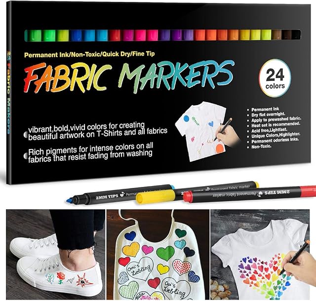 24 Fabric Pens Permanent for Clothes White T Shirt Design Kit Canvas Tote Bag Pillowcases Plain Cotton Bags Shoes Baby Shower Games, Fabric and Craft Paint Pens Art Markers for Adults Kids Crafts Gift