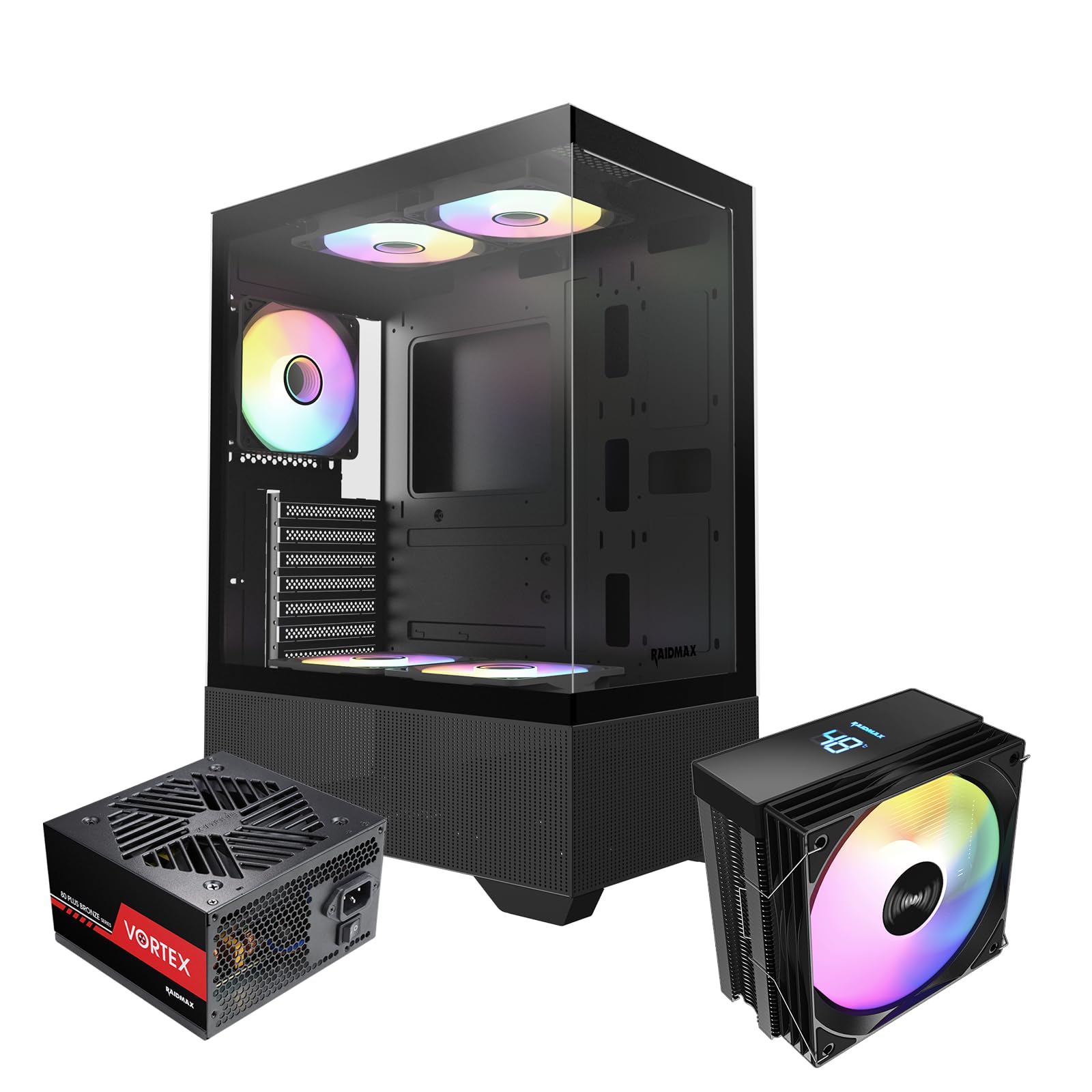 Raidmax i802 Vibe Series ATX Mid Tower Gaming Case Bundle – Tempered Glass Side Panel, Includes 700W 80+ Power Supply, AM1204 Digital Display Air Cooler, and 5 Pre-Installed FRGB Fans (Black)