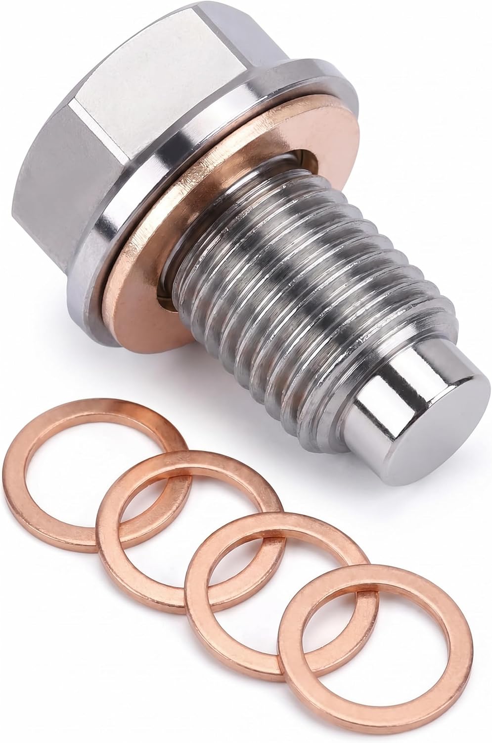 M12x1.5 Magnetic Oil Drain Plug, Oil Pan Drain Nut Bolt with Copper Crush Washer, Stainless Steel Engine Oil Drain Plug Replacement, Fits Most Cars Motorcycles Boats (Silver)