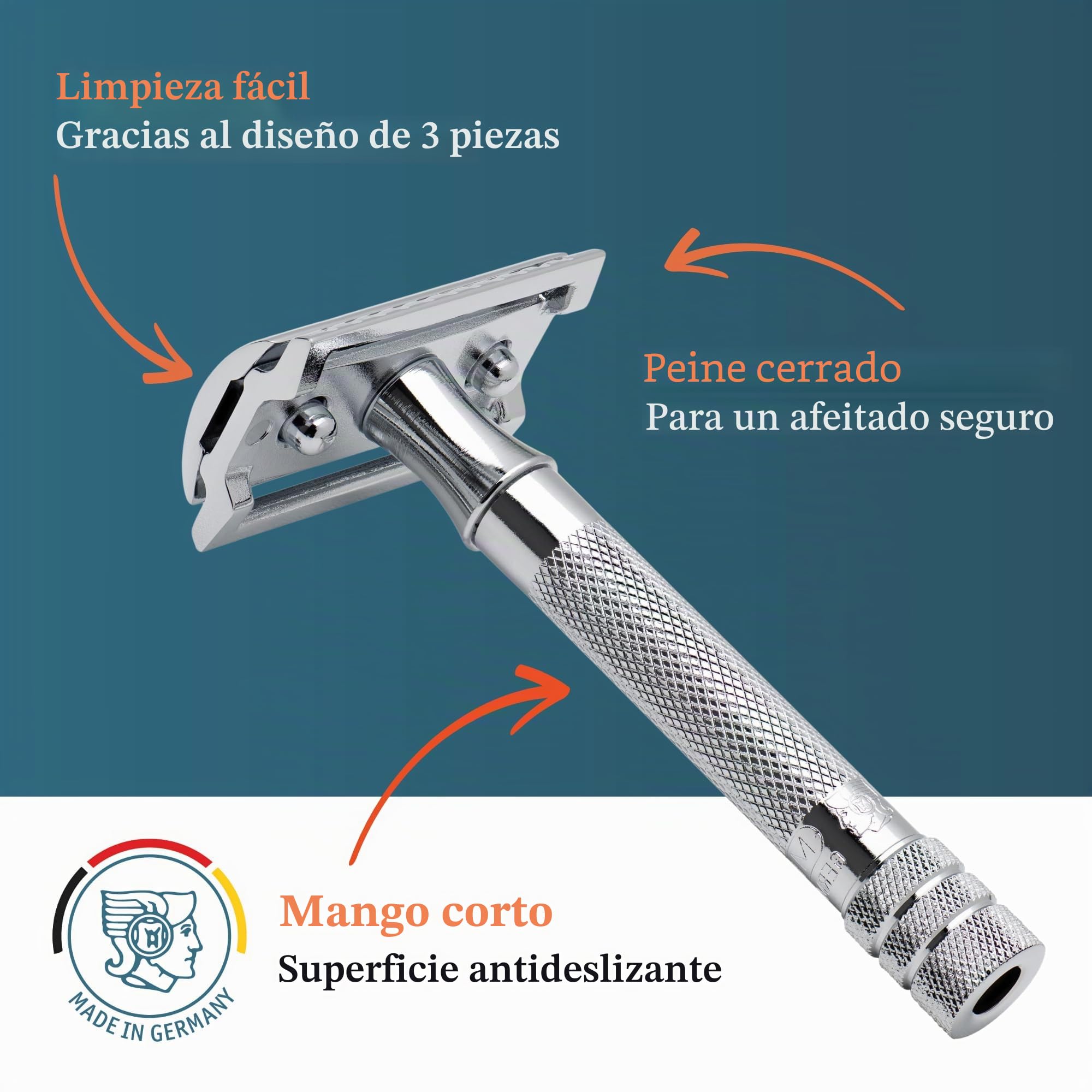 MERKUR Maquinilla de afeitar clásica cromada brillante 33C, de tres piezas con corte recto, peine cerrado, ideal para afeitado en húmedo, zinc fundido a presión, mango de latón, fabricado en Alemania