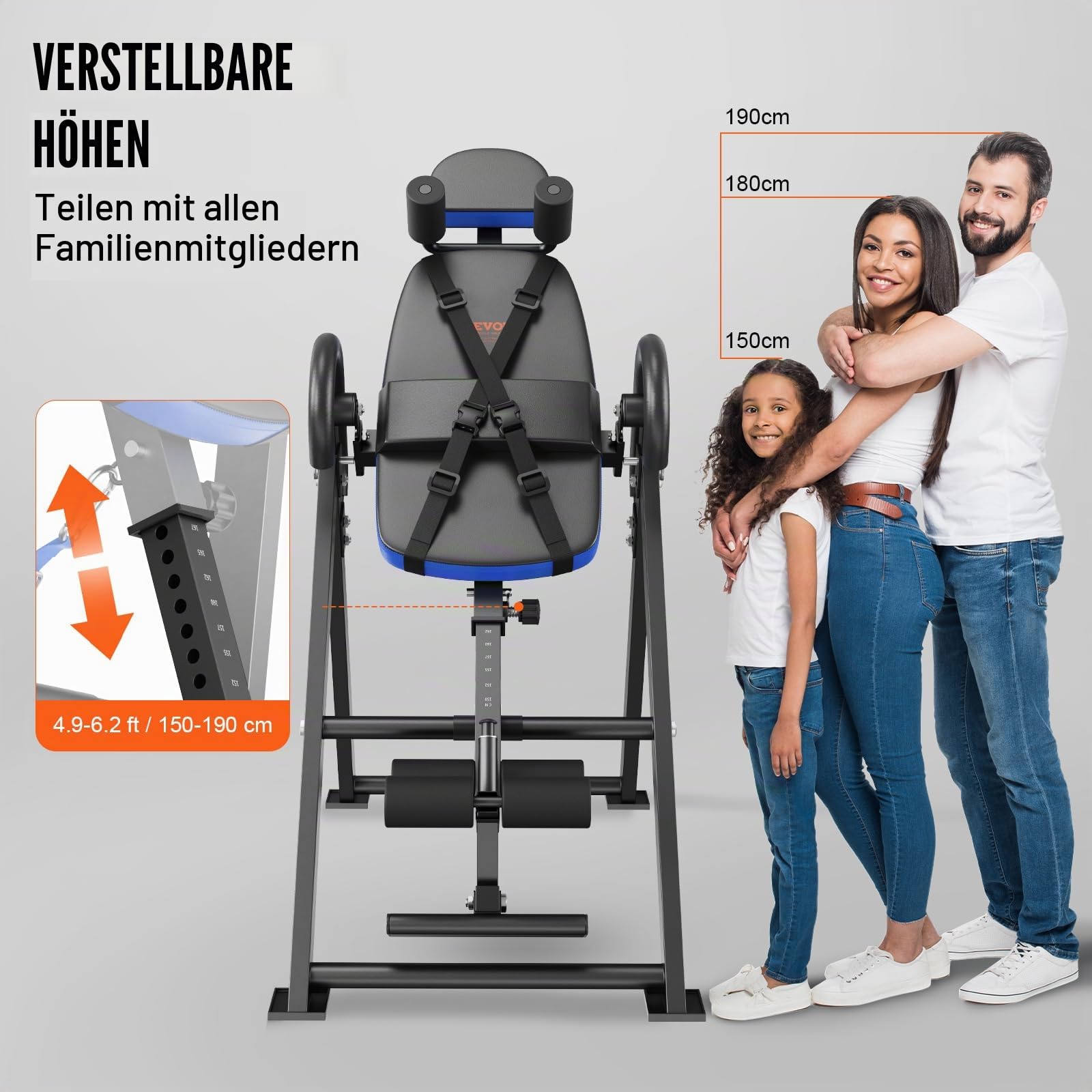 VEVOR Inversionstisch Inversionsbank, 136 kg belastbar, Multifunktionsgerät, Rückentrainer, klappbares Krafttrainingsgerät mit Kopfstütze, Knöchelverriegelung, verstellbarem Schutzgurt, Blau/Schwarz