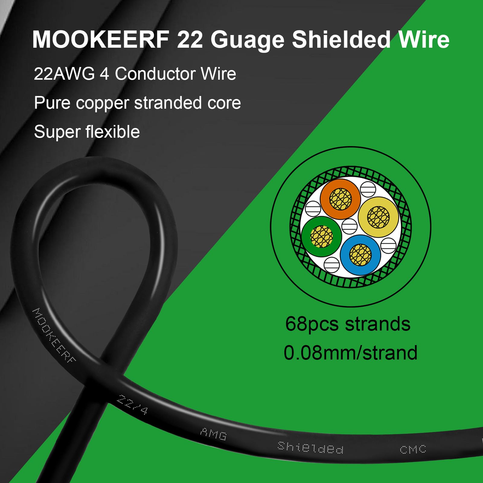 MOOKEERF 22/4 Shielded Wire 50FT,22AWG 4 Conductor Shielded Cable