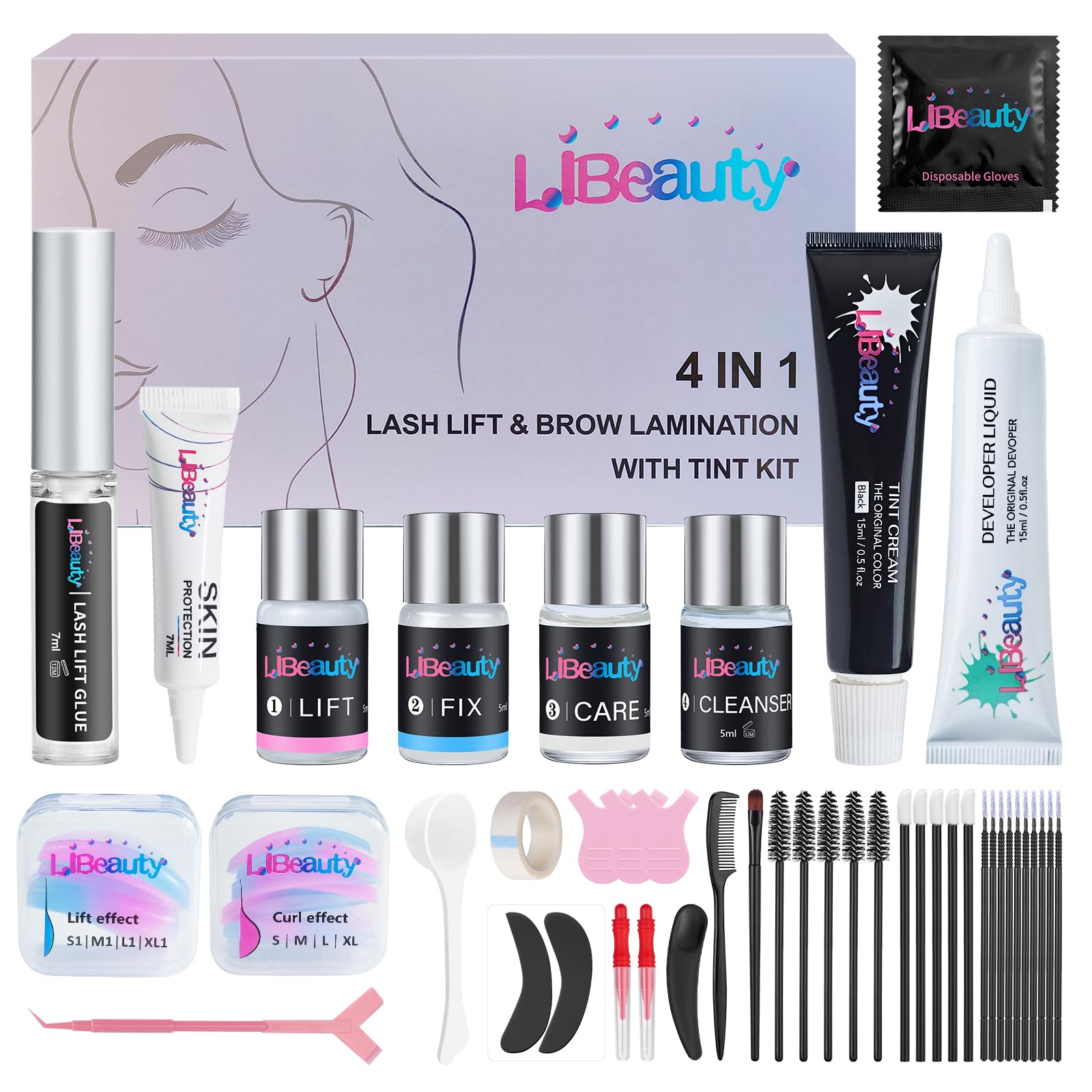 Libeauty Lash Lift and Color Kit Black, 4-in-1 Eyelash Perm and Brow Lamination Set with 15ml Large Volume Black Cream, DIY Eye Lash Wave and Brow