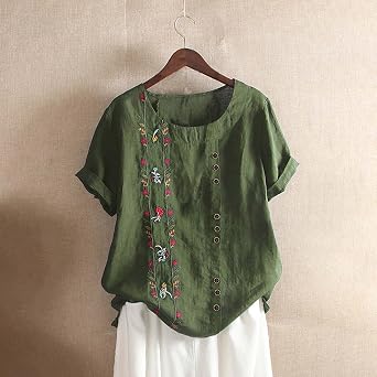 Womens Cotton Linen Summer Tops Short Sleeve Blouse Shirts Boho Peasant Tunics Shirt Trendy Cute Clothing 2024