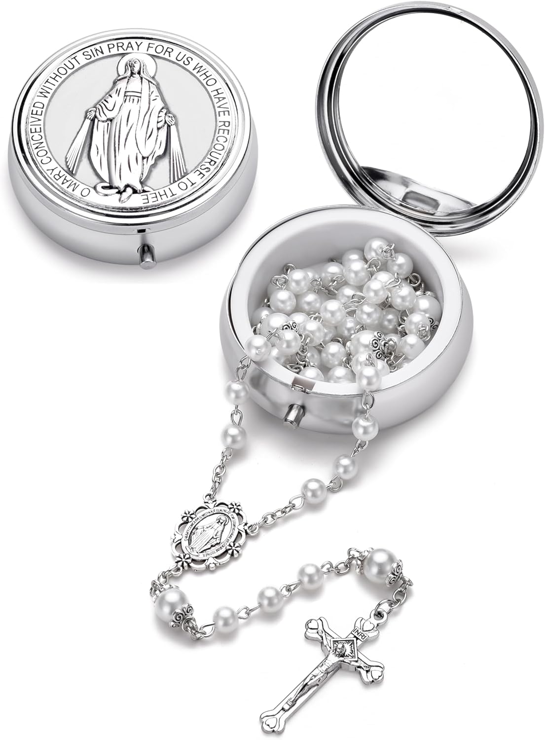 Rosary for Women with Case and 18pcs Prayer Cards, First Communion Gifts for Girls, Glass Pearl Beads and Virgin Mary Medal, Catholic Gifts - Image 5