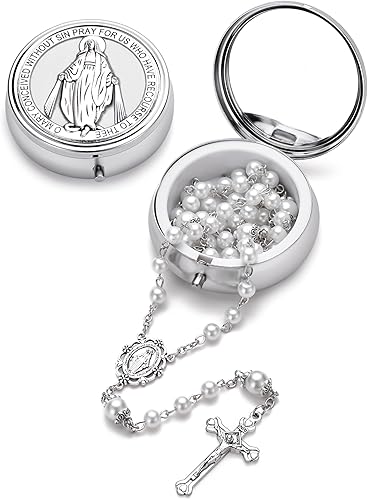 Miniatura 5 de Rosario de perlas de vidrio católico para mujeres, medalla de la Virgen María, rosario de primera comunión para niñas con caja de regalo milagrosa