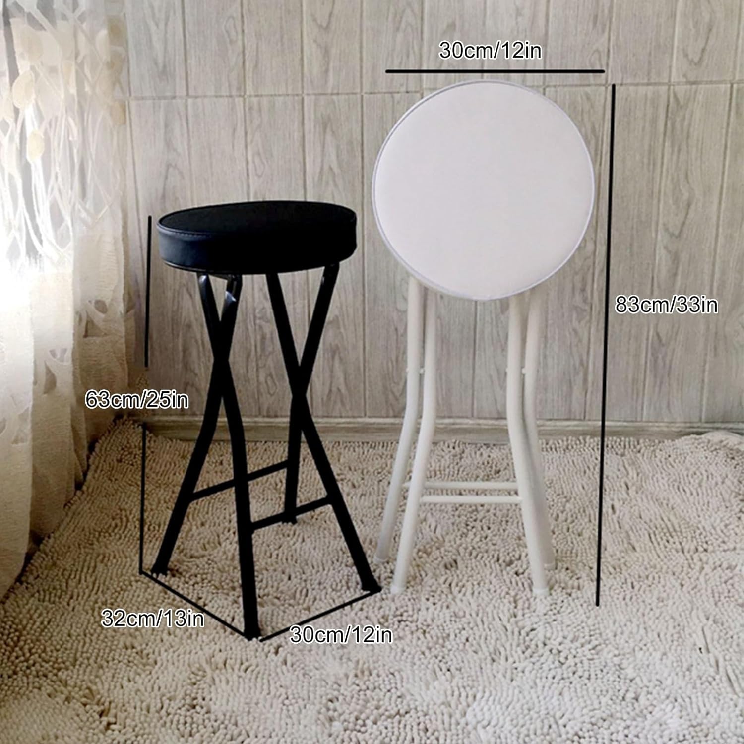 Black Folding Stool Backless Portable Counter Chair 63cm/25in for Kitchen Rec Room 2pcs,Black a-63cm/25in 2pcs