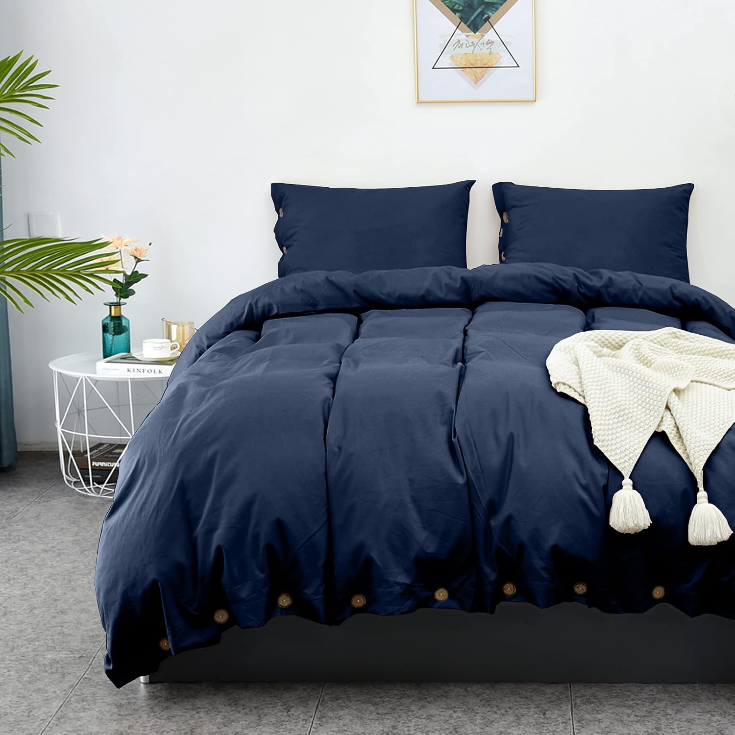 LHKIS Duvet Cover Full, Navy Farmhouse Duvet Cover Set, Soft Microfiber Comforter Cover Hotel Button Bedding Duvet Cover 3 Pieces