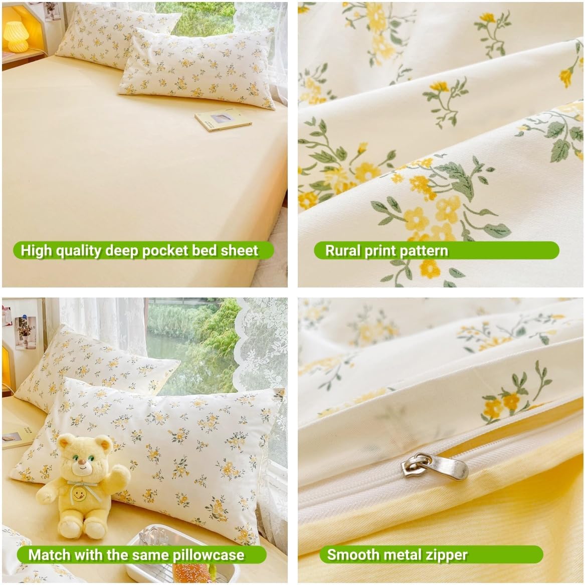 4pcs Duvet Cover Set- 100% Cotton Comfort Duvet Cover Set,a Duvet Cover,a Deep Pocket Fitted Sheet,2 Pillow Shams Home Bedding with Zipper Closure for All Season (Queen (U.S. Standard), cream yellow)