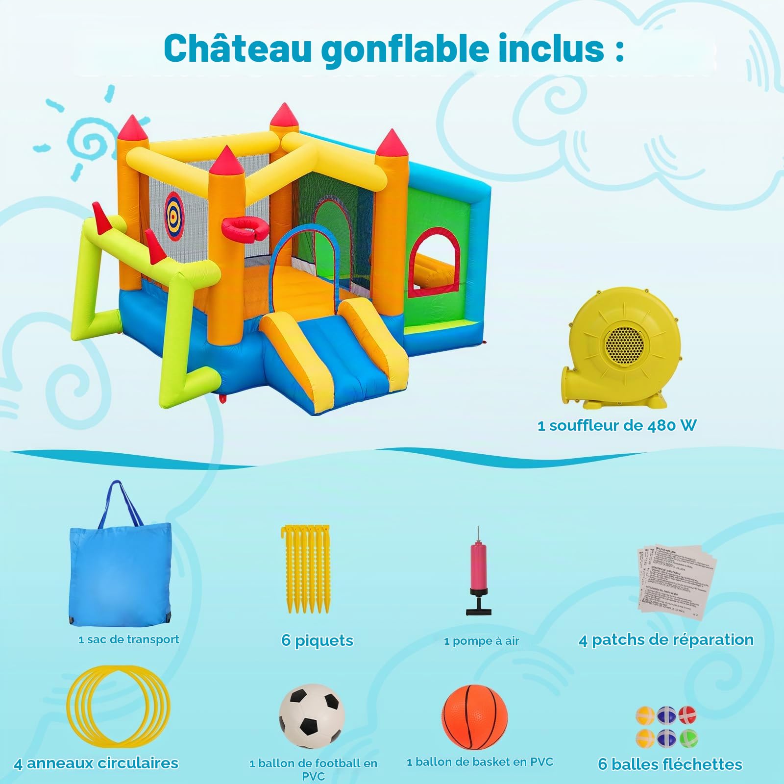 FBSPORT château Gonflable Exterieur Enfant avec souffleur Aire de Jeux Gonflable château Gonflable Piscine Meilleur Cadeau de Vacances/d'anniversaire pour Les Enfants