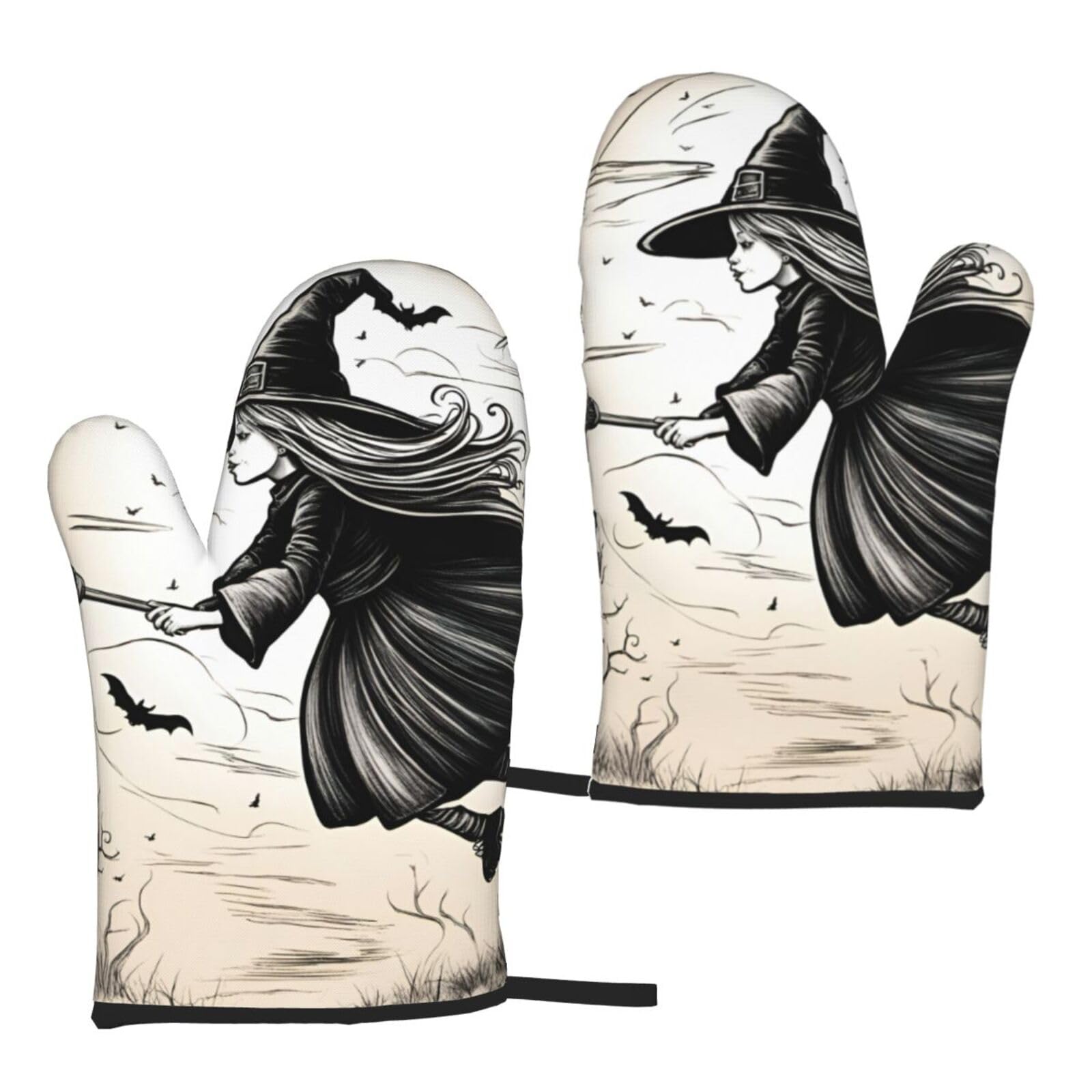 Nimongt Women's Black Halloween Witch Flying Print Adults Universal Fit Heat Resistant Oven Gloves Reusable Cooking Outdoor Grilling