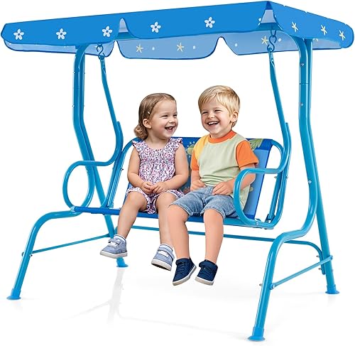 Miniatura 14 de GLACER Columpio de porche, hamaca de patio para niños con toldo ajustable y soporte, cinturón de seguridad, banco de columpio para exteriores de 2