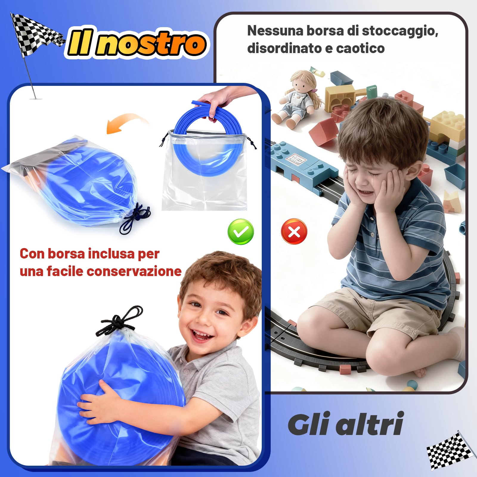 Pista Macchinine 5M Pista Flessibile Macchinine 4 Macchinine 2 Rampe 1 Borsa Portaoggetti 4 Ventose Regalo Flexible Car Track per Bambini 4 5 6 7 Anni (Blu)