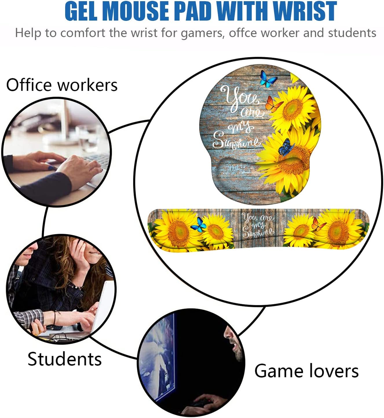Keyboard Wrist Rest and Mouse Pad Wrist Support Set with Coasters, Ergonomic Gaming Mousepad for Home Office Working Studying Easy Typing & Pain Relief, Sunflower, You are My Sunshine