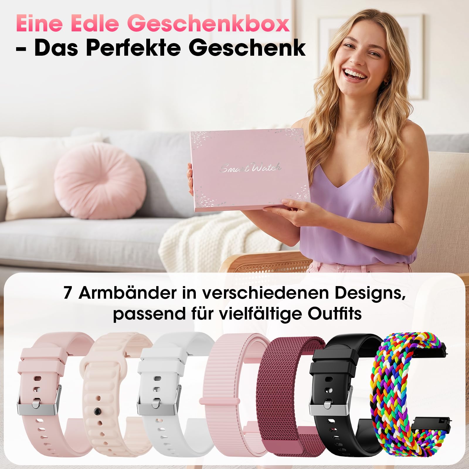 Smartwatch Damen, 1,91" HD-Kurvdisplay mit 7 Armbänder/Geschenkbox