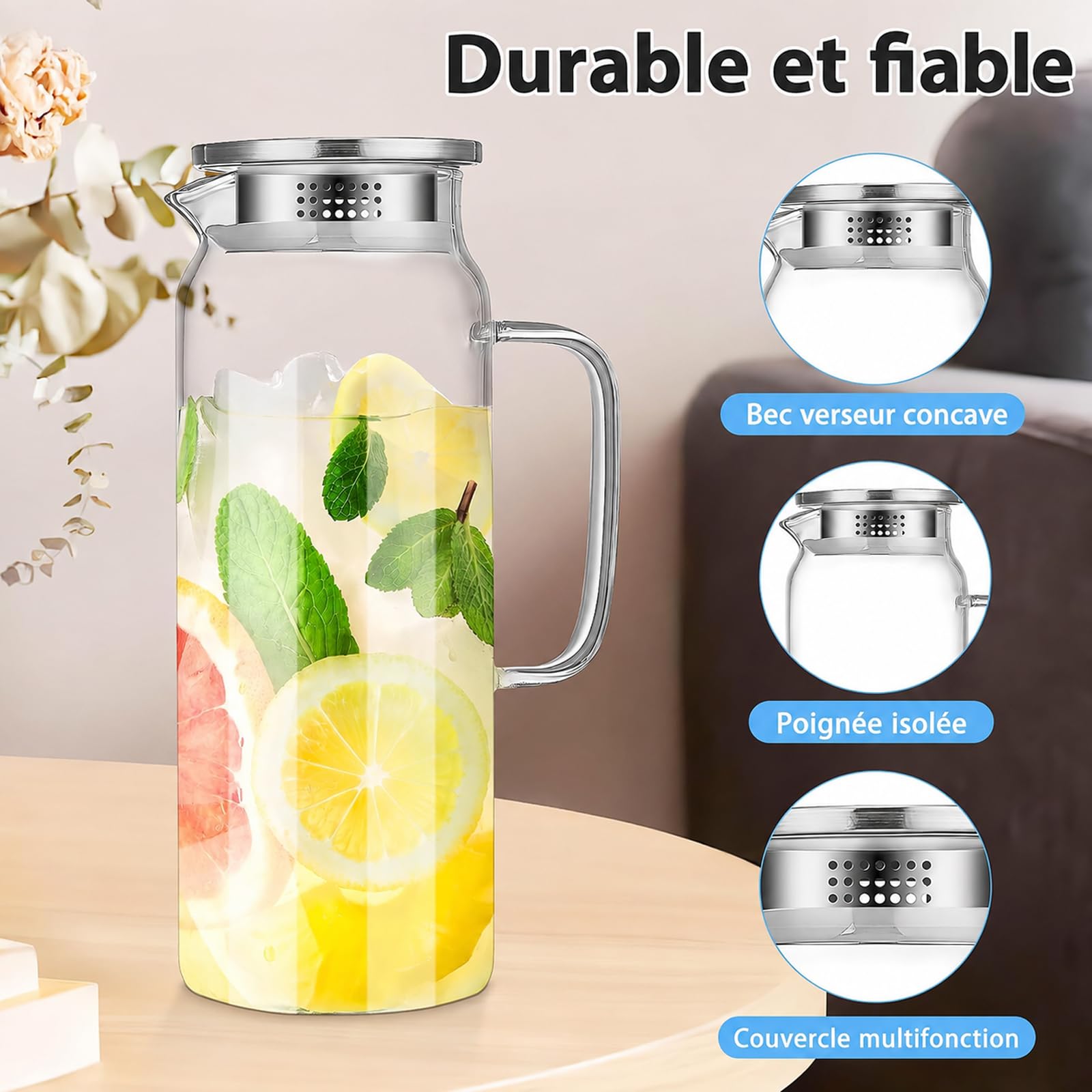 Lot de 2 Carafes en Verre Borosilicate 2 L avec Couvercles Inox