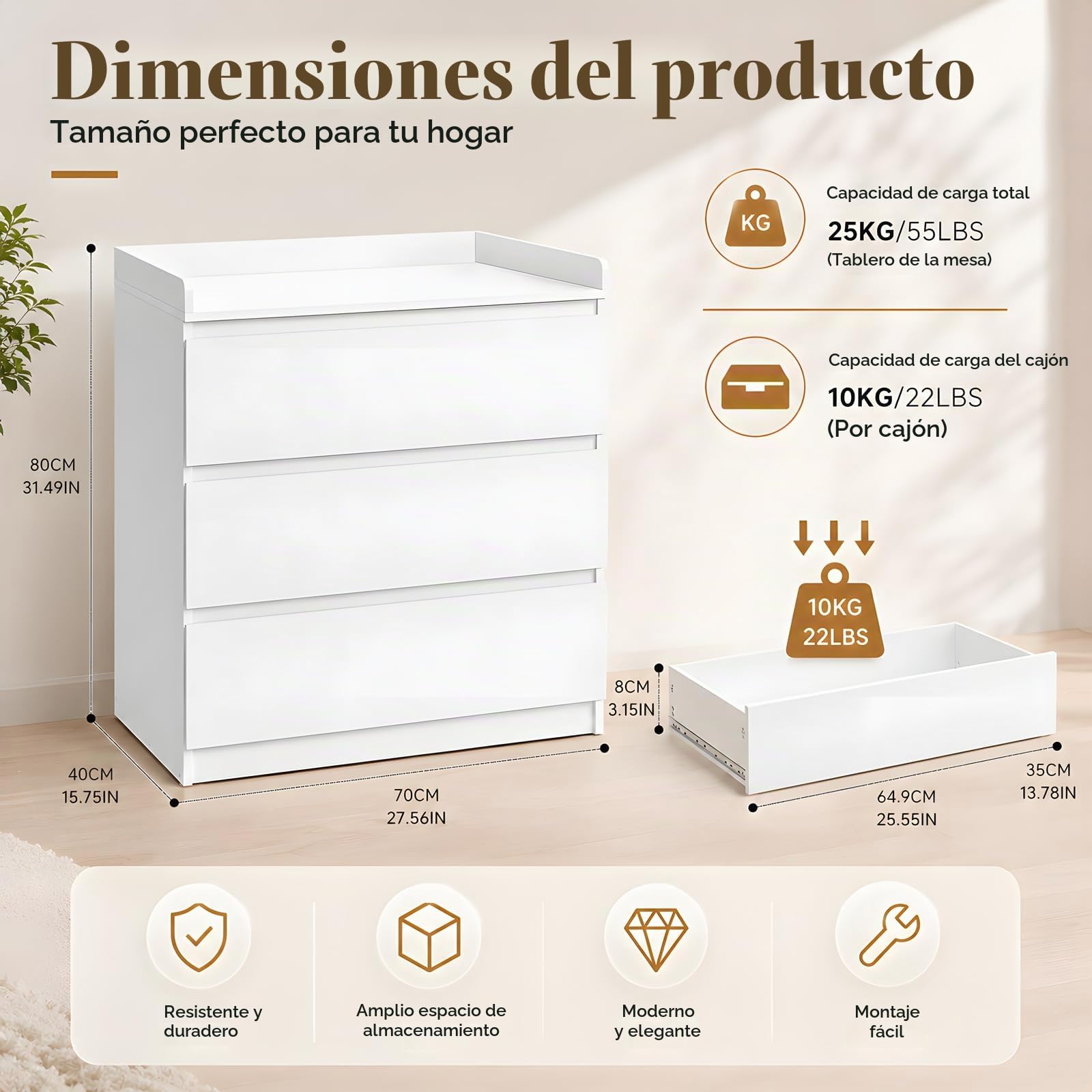 Cómoda Cambiadora Blanca 3 Cajones, Cajonera Blanca para Habitación Infantil y Dormitorio de Padres, Mueble de Almacenaje con Borde Elevado 5 cm, Melamina, 70 x 40 x 80,5 cm