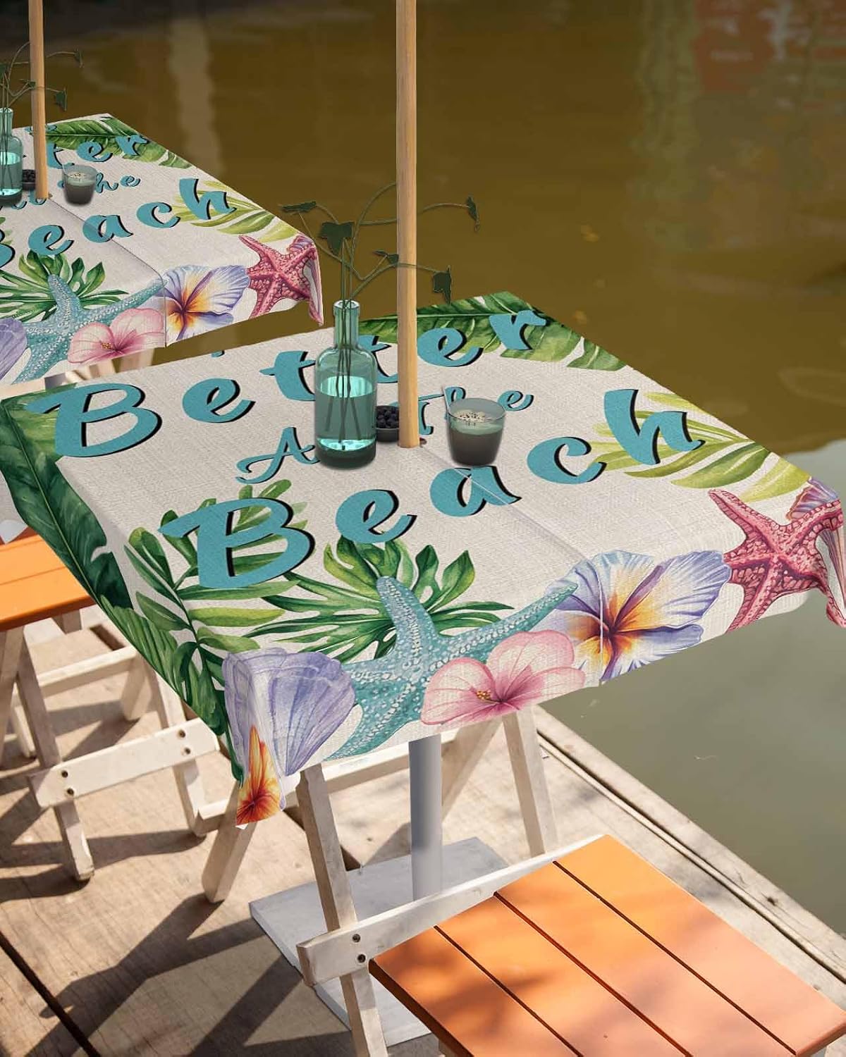 Outdoor Tablecloth with Umbrella Hole and Zipper 60" Square Summer Beach Shells Flowers Linen Texture Water Repellant Table Cover Tabletop Collection for Party Patio Picnic