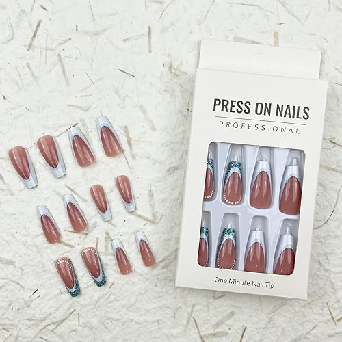 Miniatura 3 de 24 uñas postizas acrílicas de punta francesa blanca a presión, acabado brillante con diseño de purpurina verde, color rosa nude medio, uñas