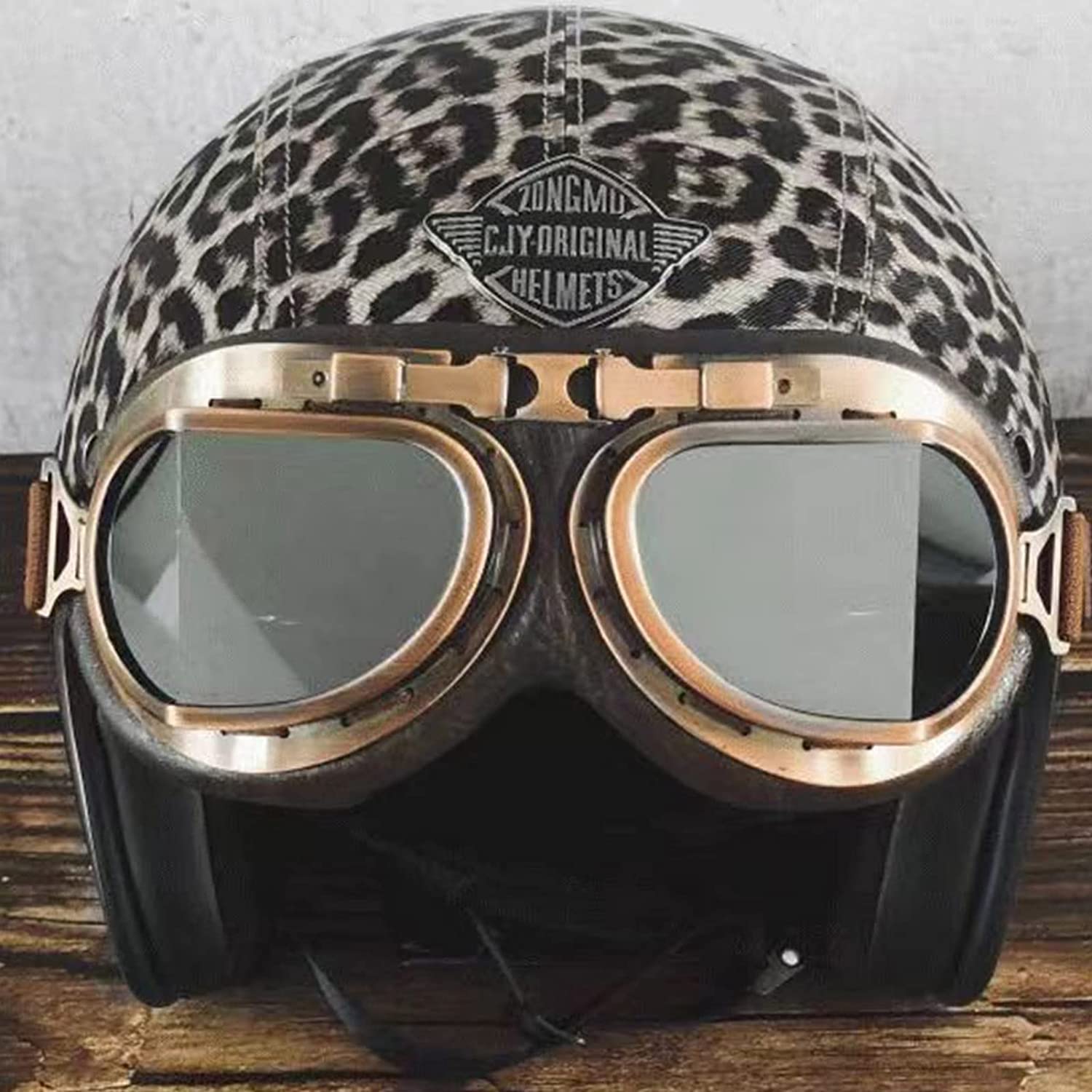 Sexy Leopard Pattern Adulto Retro Moto Casco Mezzo DOT Approvato Uomo Donna Moto Vintage Open Face Casco cap Half Shell Helmet + Occhiali per Bicycle Cruiser