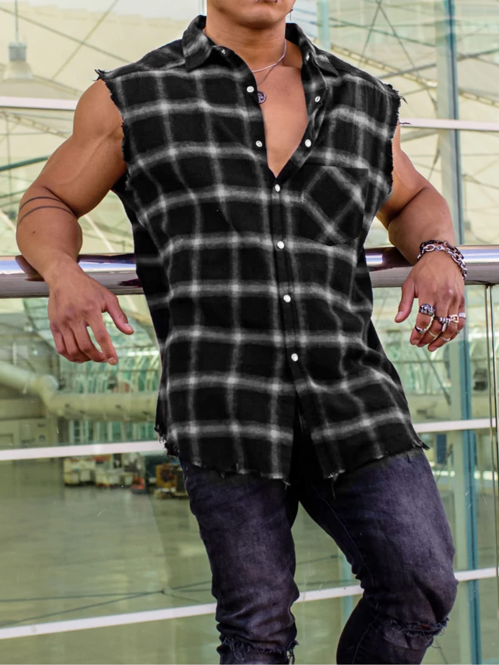 Herren Checkshirt Sleeveless Hemd Kariert Ärmellose Hemden Regular fit Flanellhemd Männer Sommer Baumwollhemd T-Shirt Tank Tops Freizeithemd