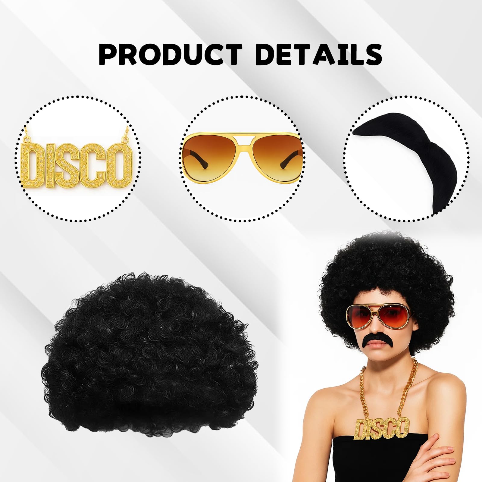 YTLSDHF 70s/80s Fancy Dress Men, 5-Piece Disco Hippie Costume Set including Afro Wig,70s Fancy Dress Mens - Image 3