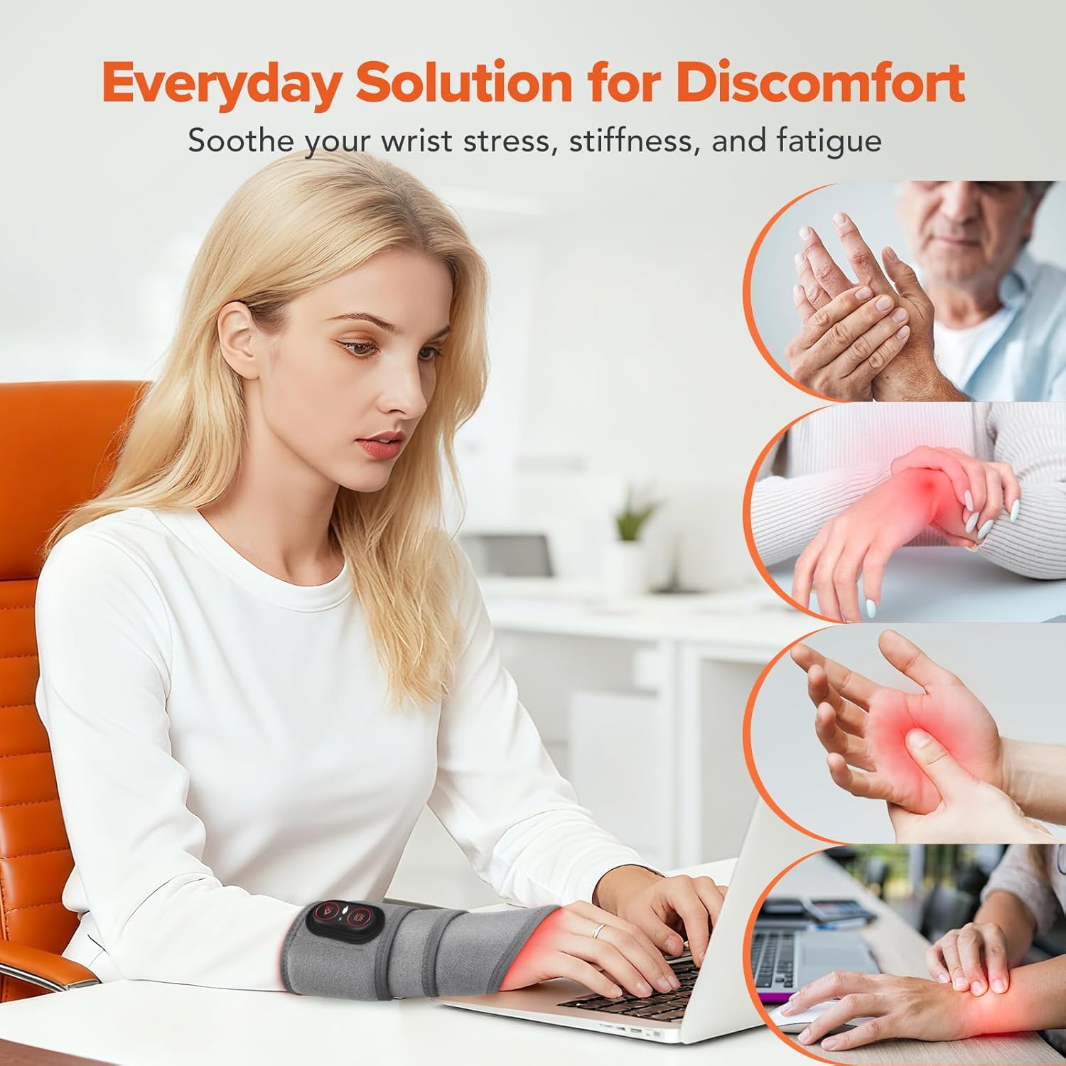 Cordless Wrist Heating Pad with Massage & Red Light, Rechargeable Heated Wrist Brace Wrap for Carpal Tunnel, Arthritis, Wrist Massager for Hand Pain Relief, 3 Heat & Vibration Modes (Grey) - Image 4