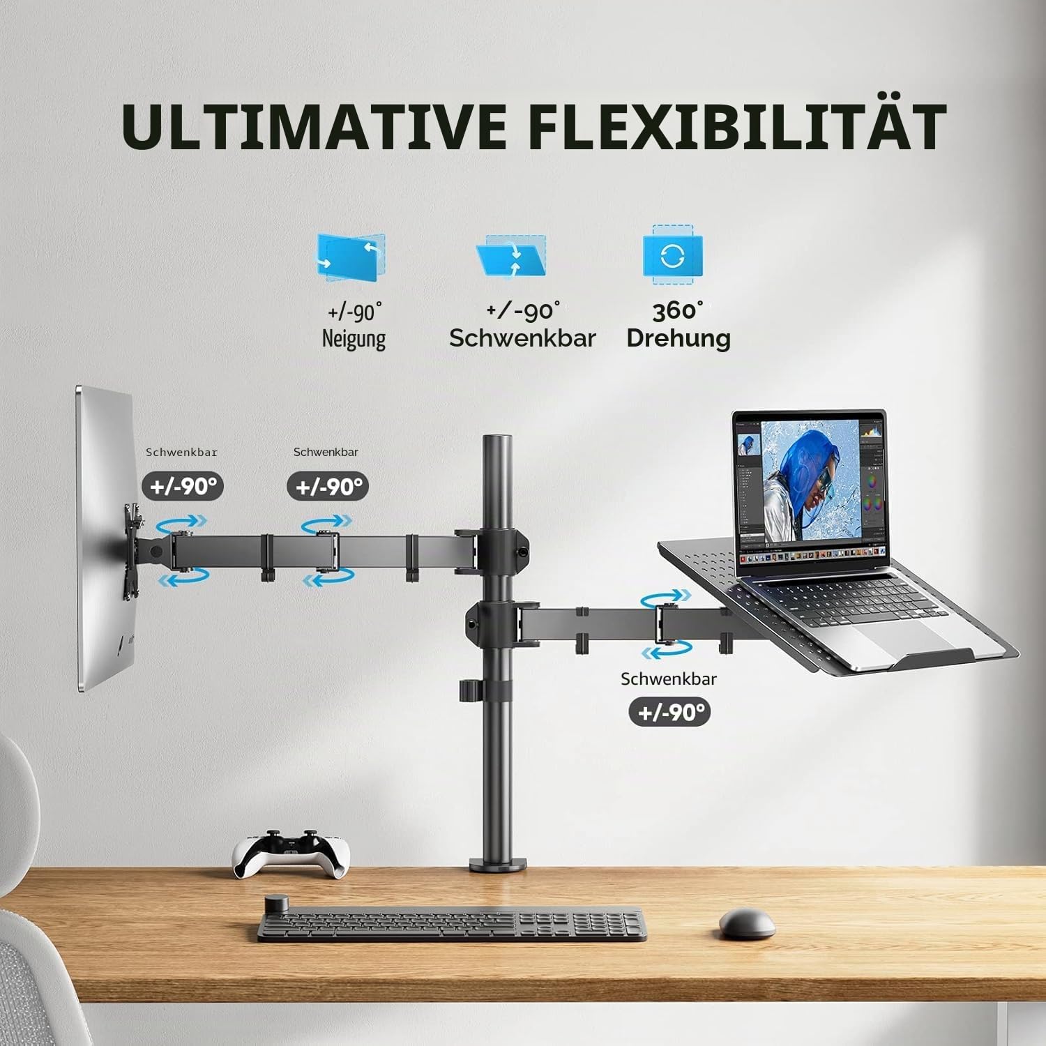 HUANUO Monitor Halterung mit Laptop Arm, Monitor Laptop Halterung für 13-32 Zoll Bildschirmhalterung 1 Monitor & 17 Zoll Notebook, VESA 75/10, Gaming
