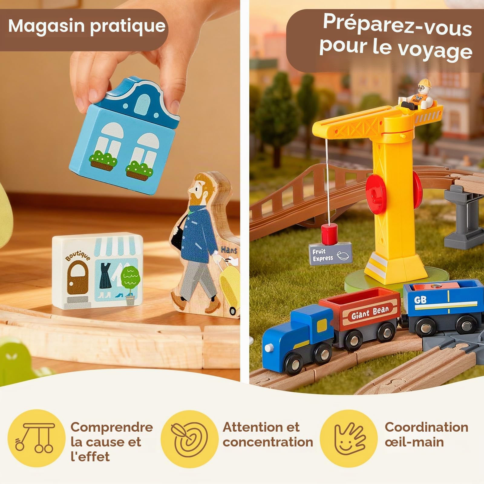 Kit de Rails en Bois « Train Urbain Moderne » – Système de Train à Jouets pour Voitures, ponts, grues, quais et Plus Encore – Ensemble de 94 pièces de Train en Bois à partir de 3 Ans (Rails de métro)