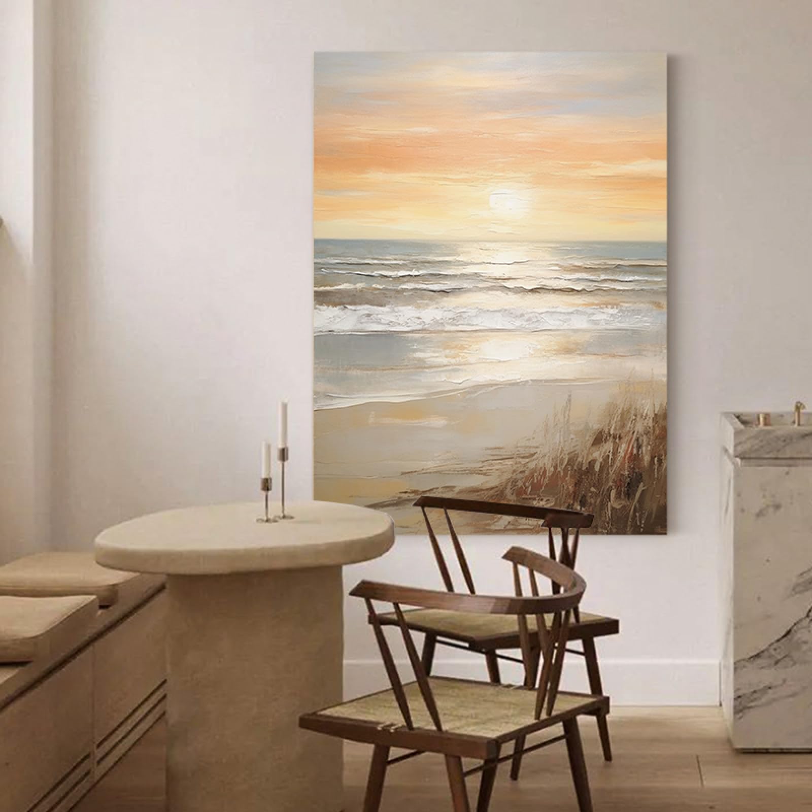 Œuvre d'art sur toile de lever de soleil, peinture à l'huile fait main, tableau mer abstrait