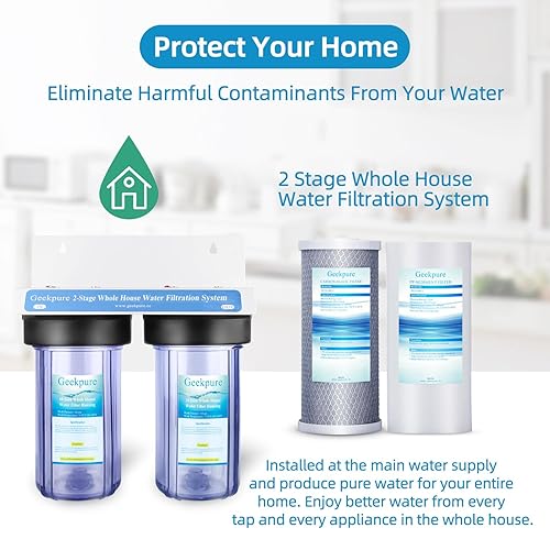 Miniatura 3 de Geekpure Sistema de filtro de agua de 2 etapas para toda la casa con carcasa transparente grande de 10 pulgadas PP y filtros de carbono, 1 pulgada