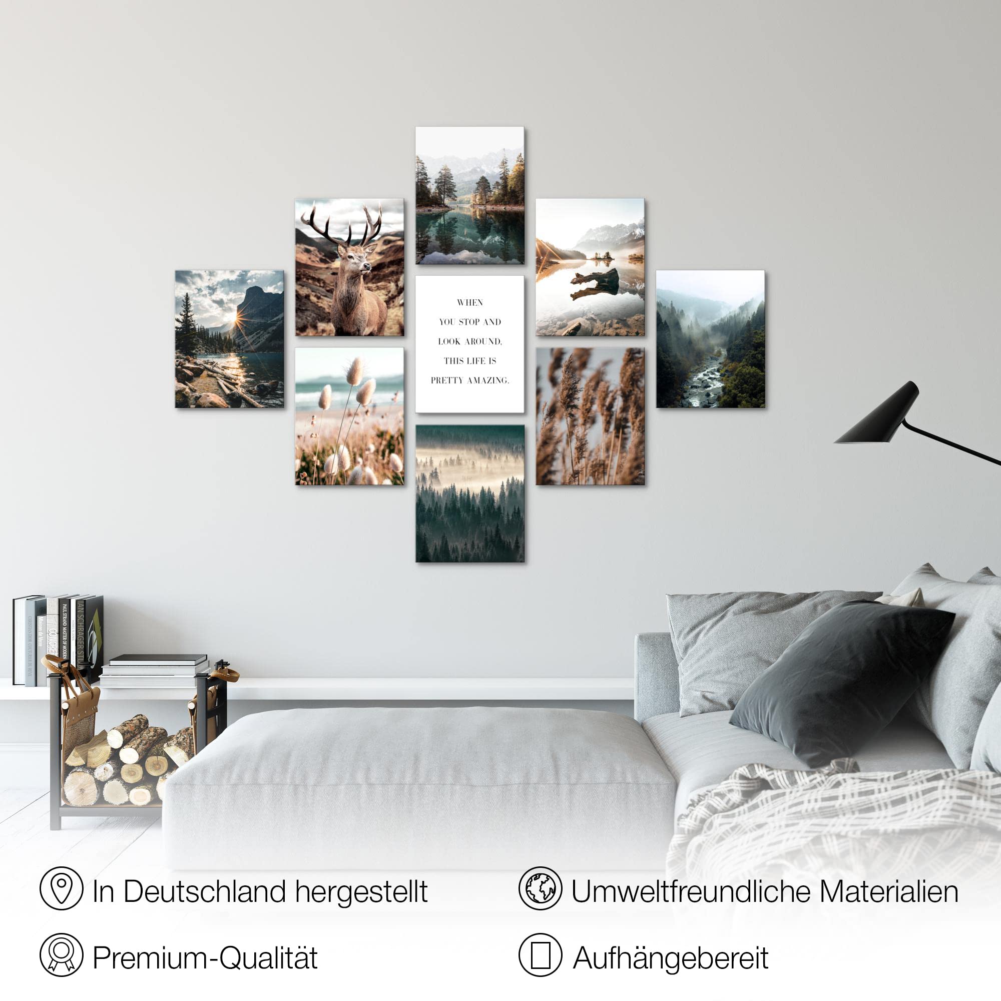 Novart Wandbilder Natur - KOMPLETT AUFHÄNGFERTIG - Hirsch Wohnzimmer Schlafzimmer- 9 Moderne Bilder Set - N025791a