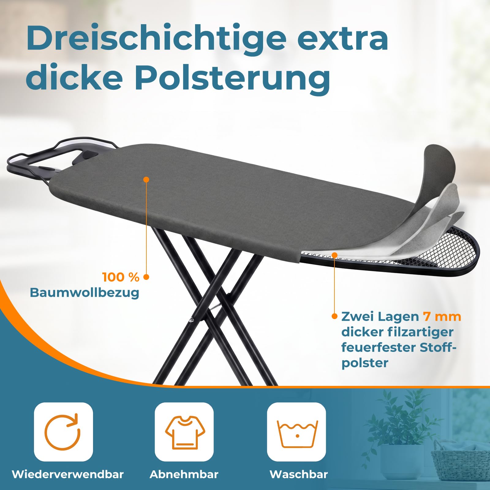 Bügelbrett 110 x 34 cm, 7-stufige Höhenverstellung, klappbar, hitzebeständiger Baumwollbezug, metallenes Belüftungsgitter, mit Bügelablage, Stabiler Stahlrahmen, platzsparend für Haushalt