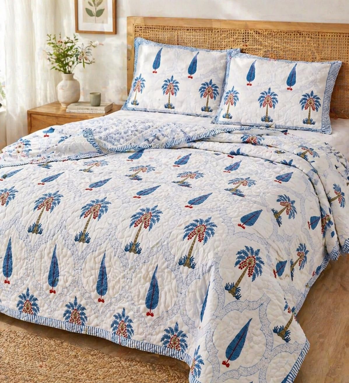 Mulmul Cotton Handblock Printed Bedcover King Size 108x108 Inches, Reversible Lightweight Bedspread with 2 Pillow Covers, Soft Breathable Skin-Friendly Comforter Set for All Seasons-image-15